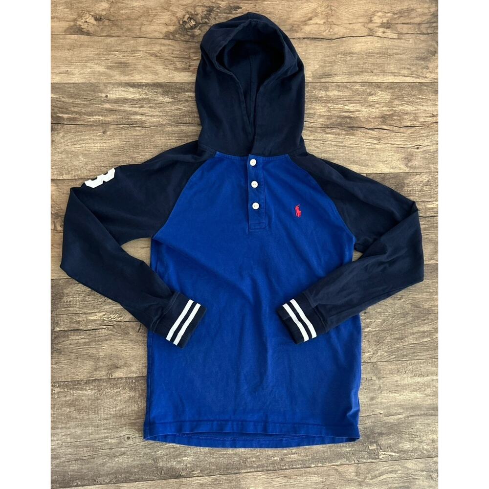 Polo Ralph Lauren Blue Color-Blocked Pullover T-Shirt Hoodie Big Boys Large